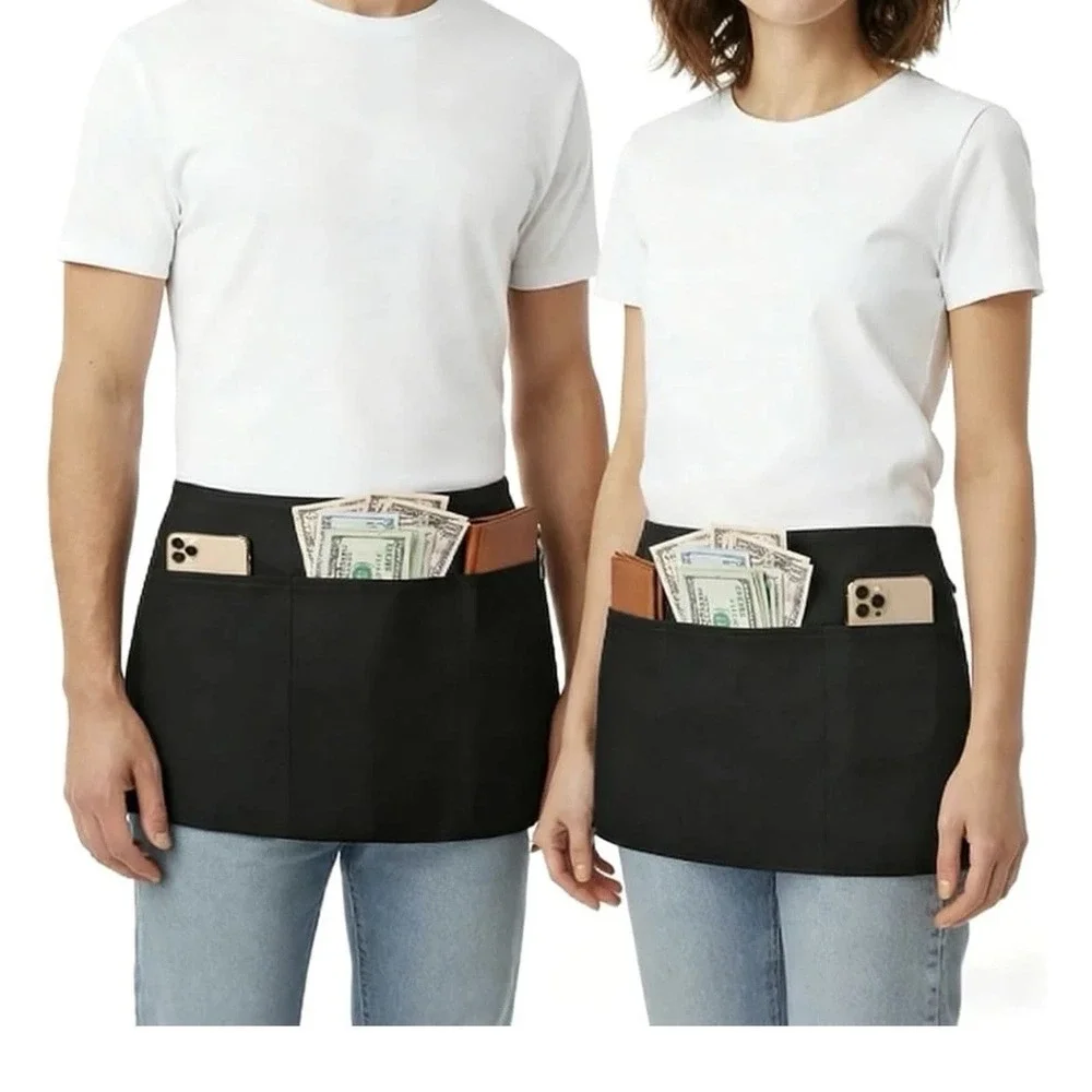 Half Bib Waist Apron Heavy Duty 3 Pocket Waitress Waiter Server - (SET OF 6) Rec